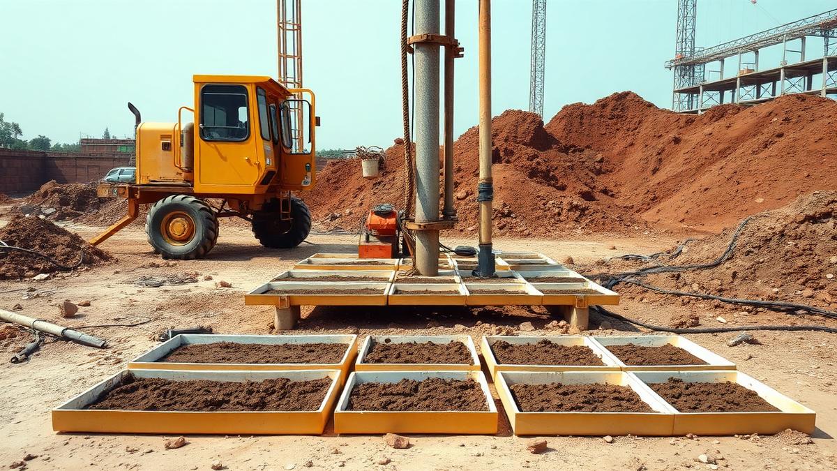 Geotechnical soil investigation rig with soil sample trays on a construction site in Chennai