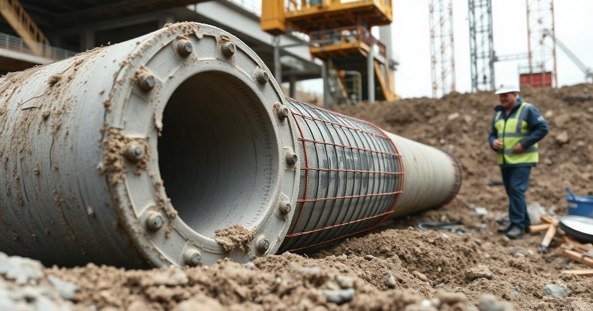 Bored cast in-situ pile with reinforcement cage on a Chennai foundation site