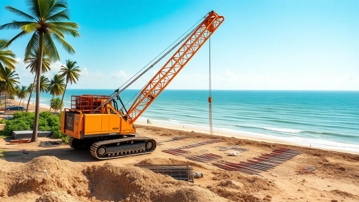 Piling rig working on a coastal construction site beside the sea along ECR near Chennai