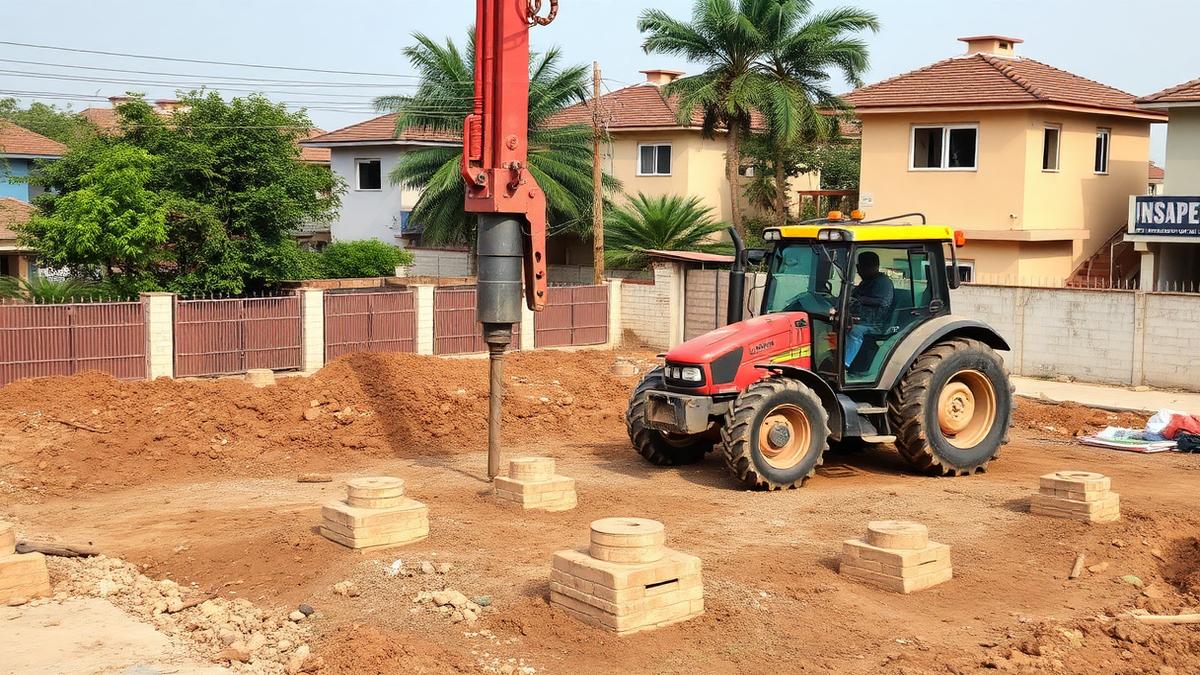Tractor mounted piling rig drilling under-reamed piles on a residential plot in Tambaram, Chennai