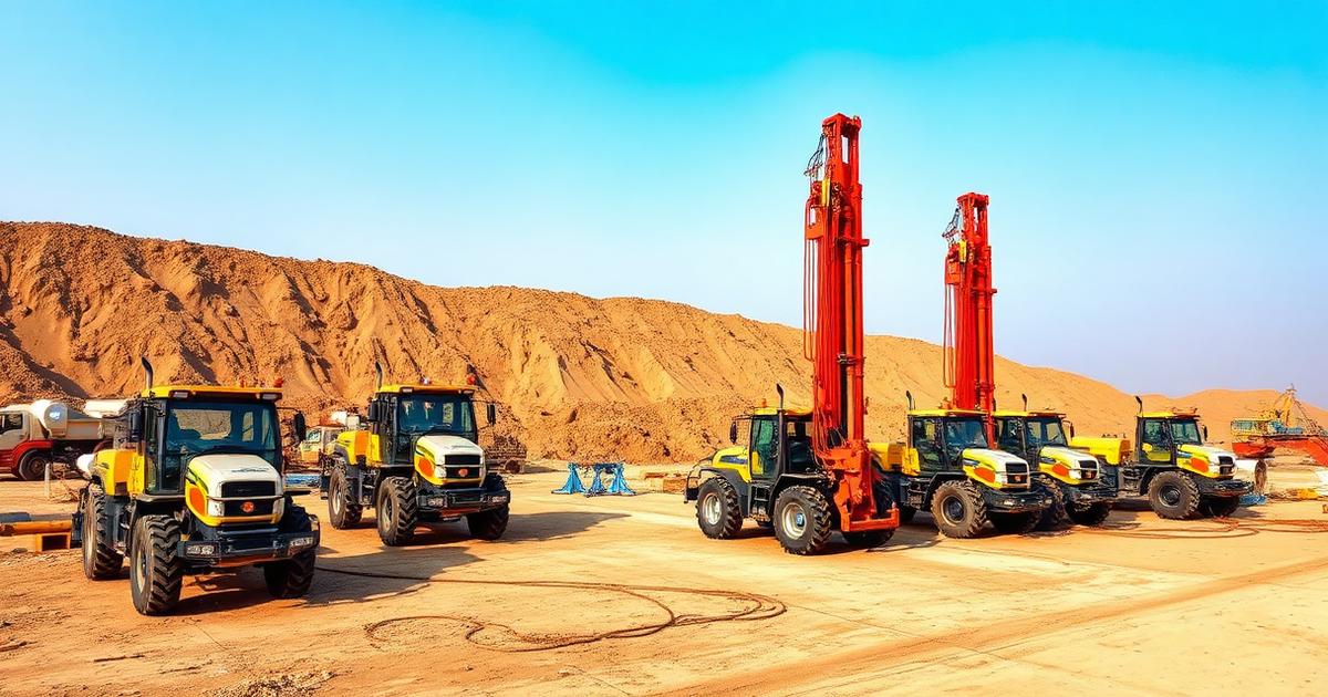 Fleet of tractor-mounted piling rigs on an open construction site